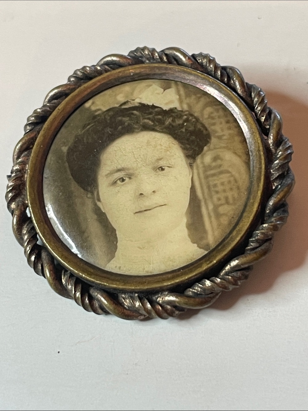 Antique Victorian Style Photo Brooch Sepia Tone Portrait Twisted Brass Frame